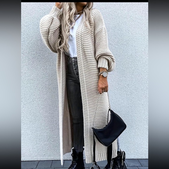 🍂New Khaki Solid Knit Longline Open Front Bishop Sleeve Split Hem Cardigan Med - Picture 4 of 16